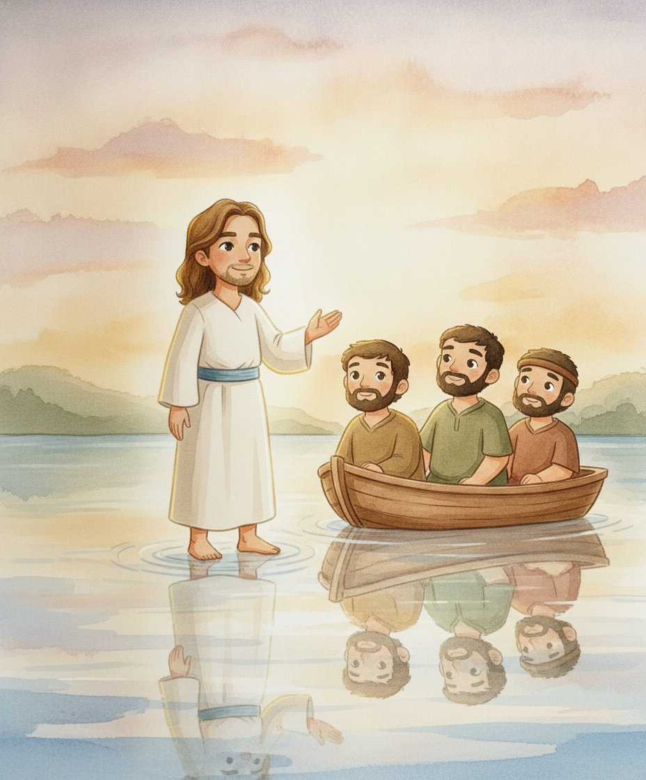 Jesus sobre a água com a mão levantada, falando com carinho aos amigos no barco.