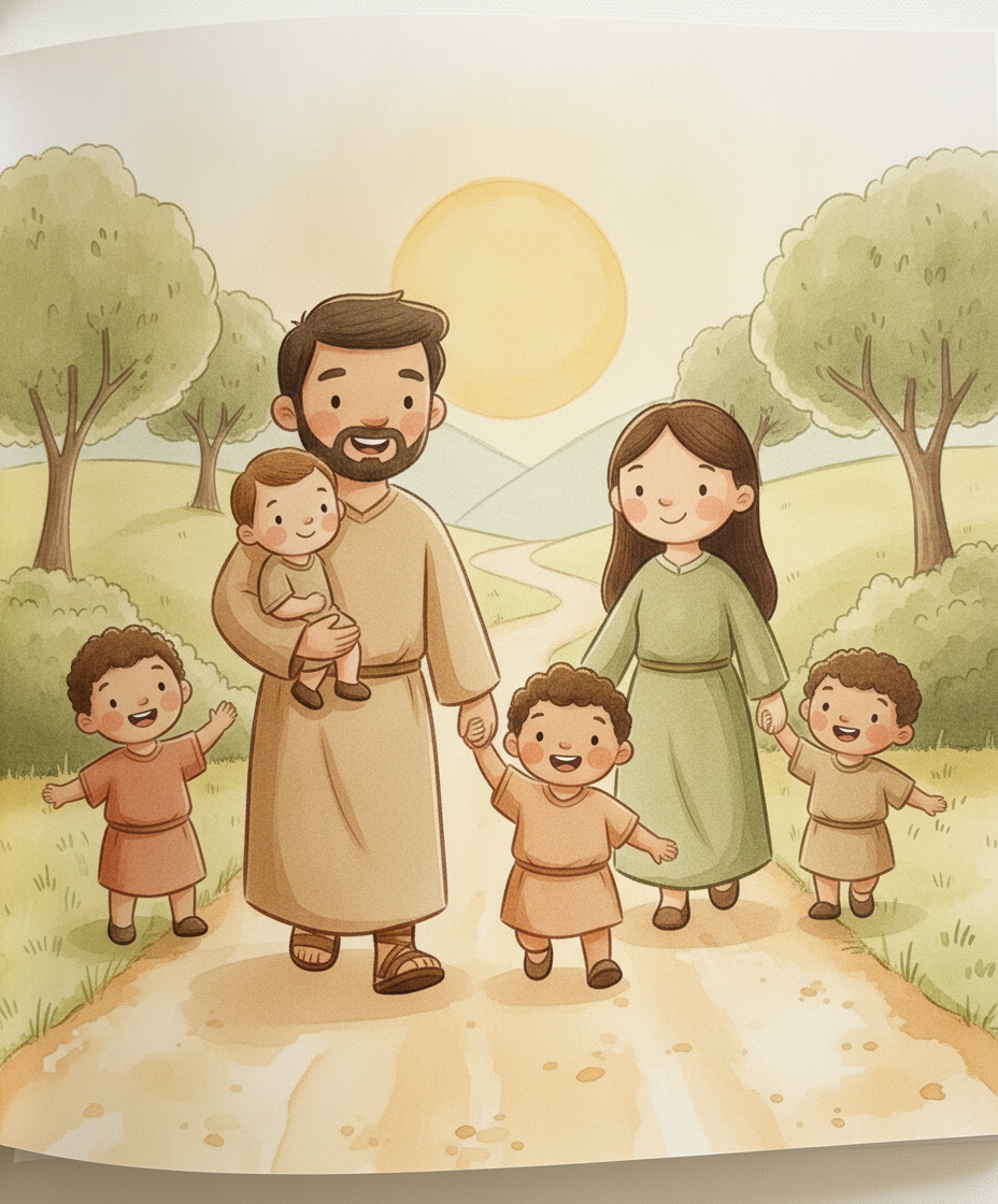 Pais e mães caminham felizes levando seus filhos pela mão em direção a Jesus.