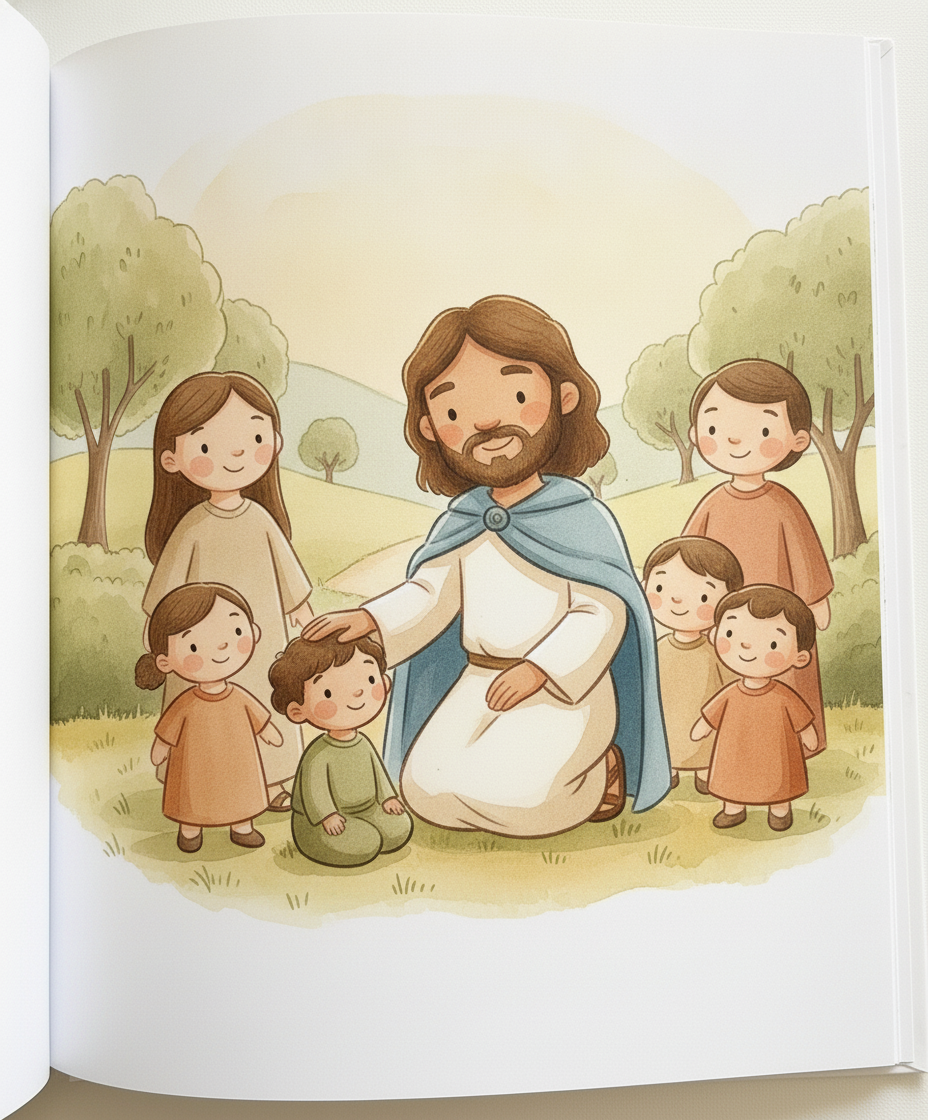 Jesus coloca a mão sobre a cabeça de uma criança para abençoá-la, cercado pelas outras crianças.
