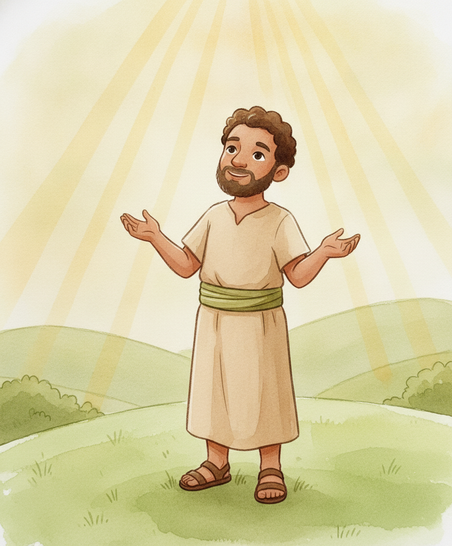 Jonas em uma colina ensolarada olhando para o céu dourado enquanto escuta Deus.