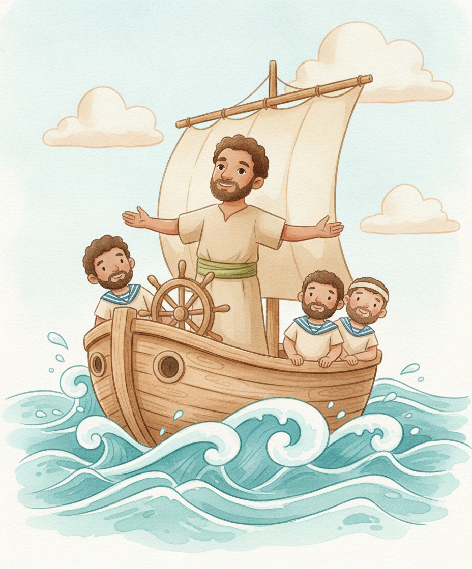 Jonas em pé com coragem no barco enquanto ondas redondas sobem ao redor.