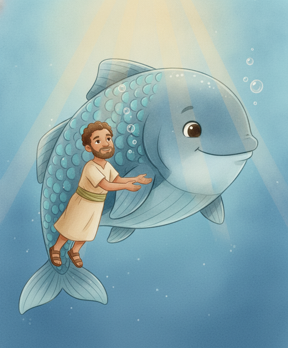 Um grande peixe azul e gentil se aproximando suavemente de Jonas nas águas calmas.