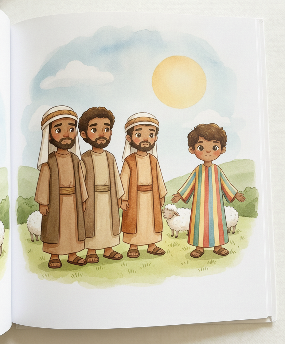 Irmãos pensativos olhando de longe para José com sua túnica colorida.
