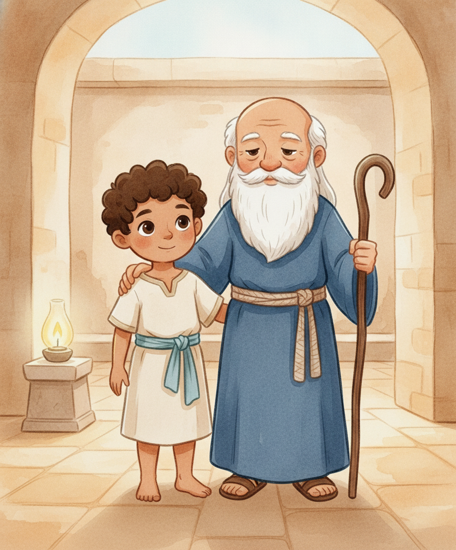 O menino Samuel ajuda o sacerdote idoso Eli dentro de um pátio tranquilo do templo.