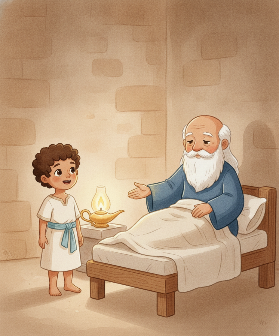 Samuel está ao lado da cama de Eli à noite, e o sacerdote o tranquiliza com a mão estendida.