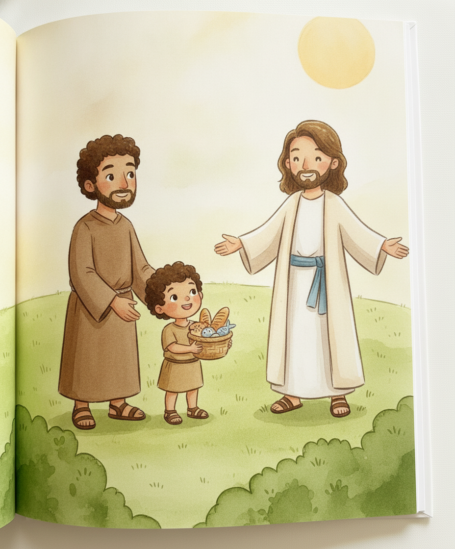 André leva o menino com o cestinho até Jesus, que sorri confiante.