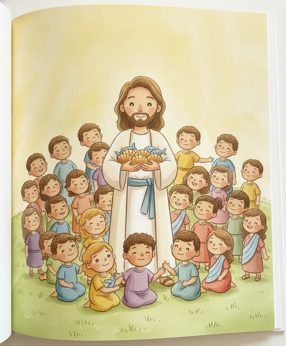 Jesus segura os pães e os peixes, olha para o céu e agradece a Deus, com a multidão sentada na grama.