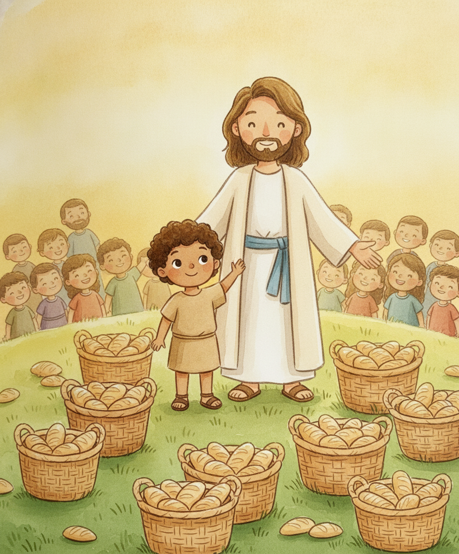 Doze cestos cheios de pães sobraram, com o menino feliz ao lado de Jesus que o abraça pelo ombro.