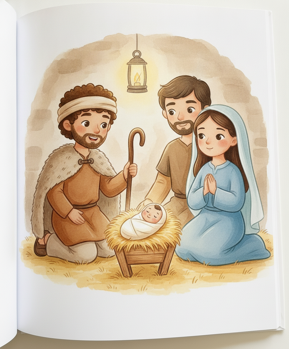 Um pastor ajoelhado contempla o bebê Jesus na manjedoura, com Maria e José sentados ao lado no estábulo.