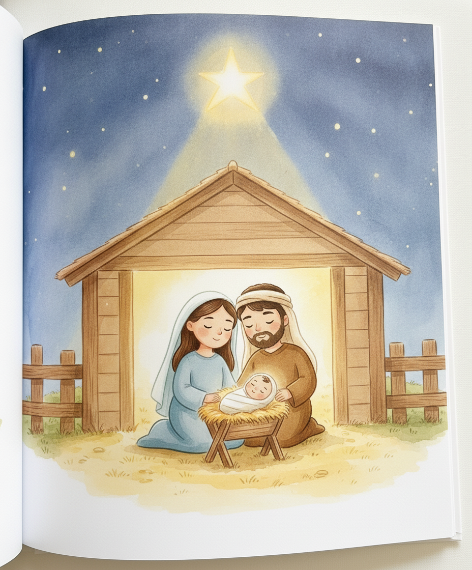 Uma estrela brilhante ilumina o pequeno estábulo onde Maria, José e o bebê Jesus estão reunidos à noite.