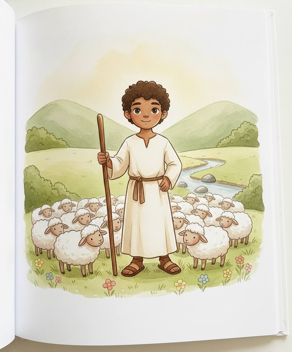 Um pastor bondoso sorri no meio de muitas ovelhinhas brancas em um campo verde ensolarado.