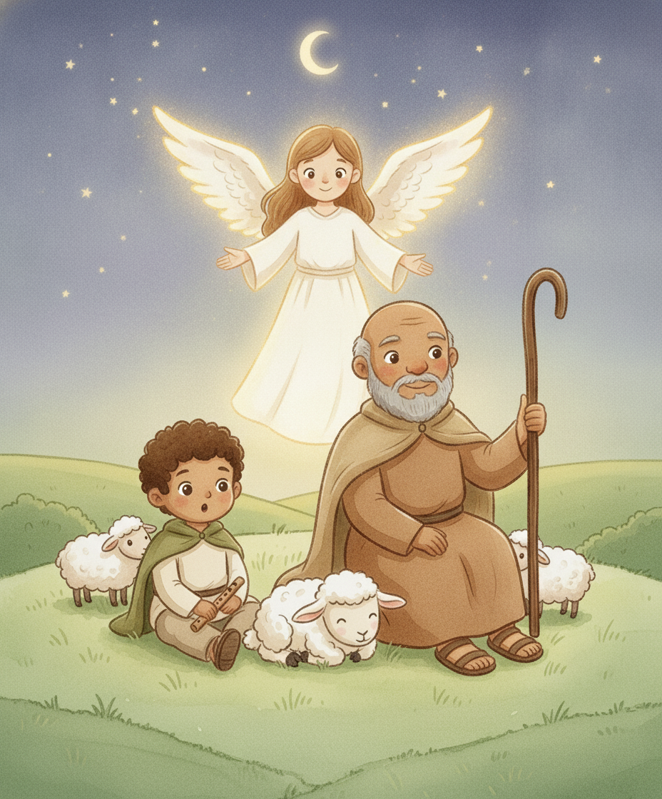 Um anjo radiante aparece no céu enquanto dois pastores olham para cima maravilhados.