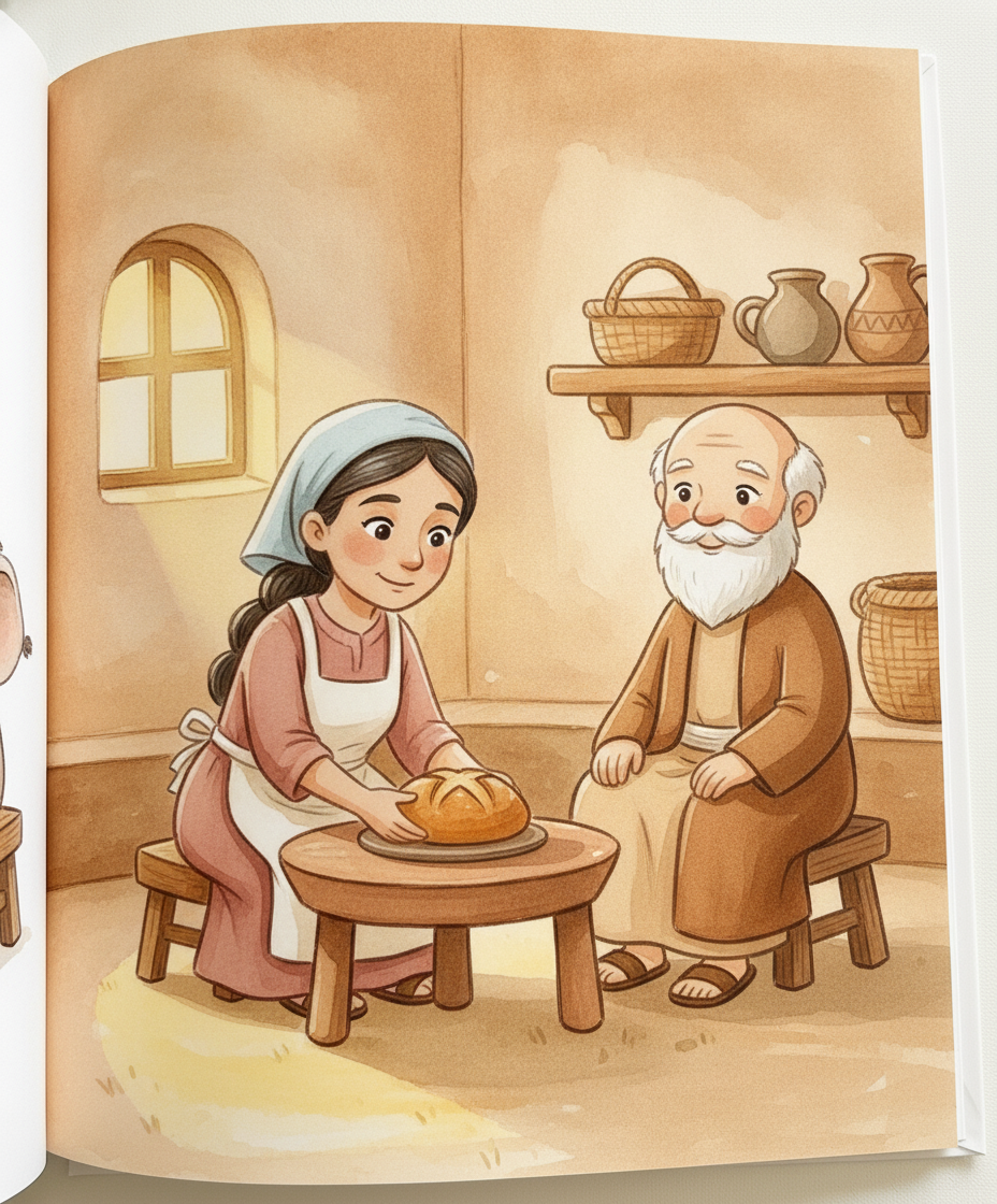 A viúva prepara um pãozinho enquanto Elias sorri com confiança.