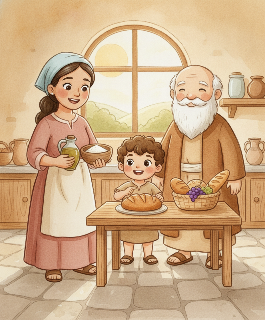 A viúva, o filho e Elias sorriem juntos com farinha, azeite e pão que nunca acabam.