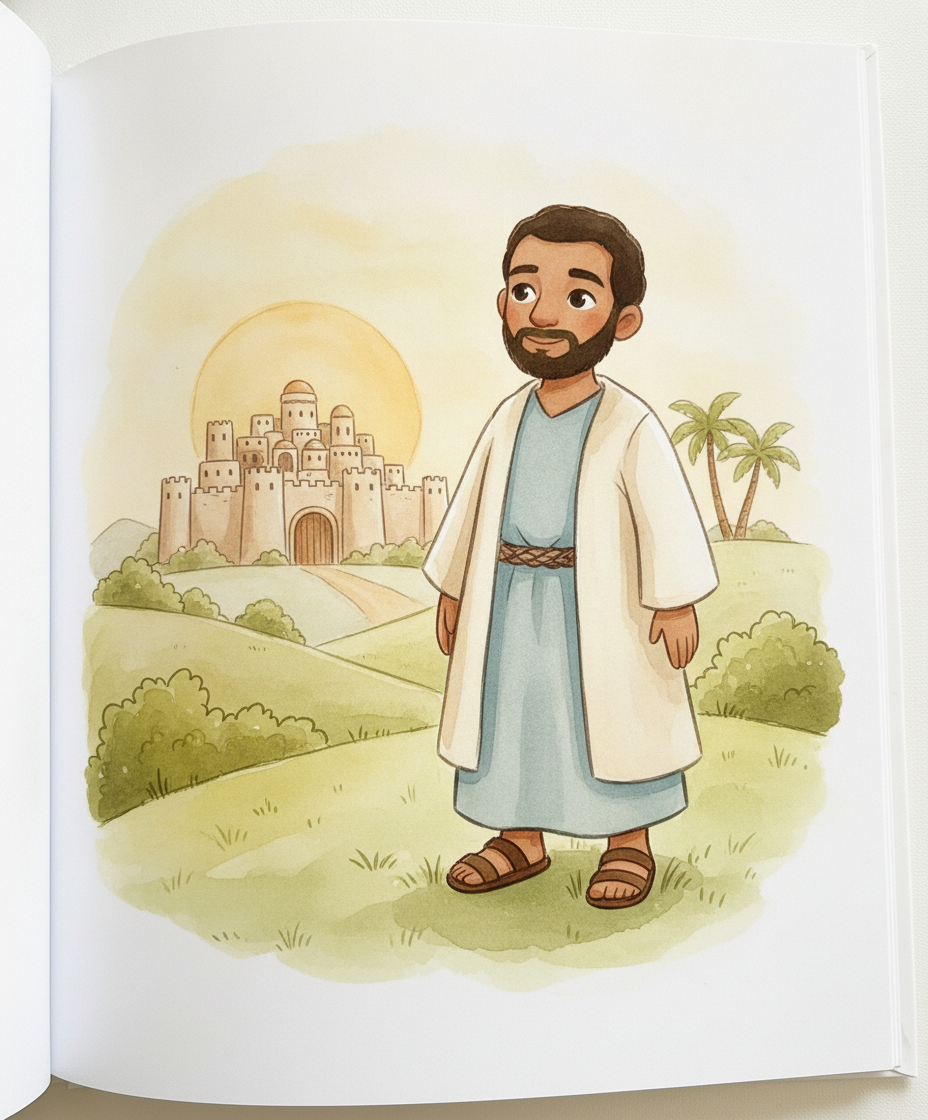 Josué olha para os altos muros e o portão fechado da cidade de Jericó ao longe.
