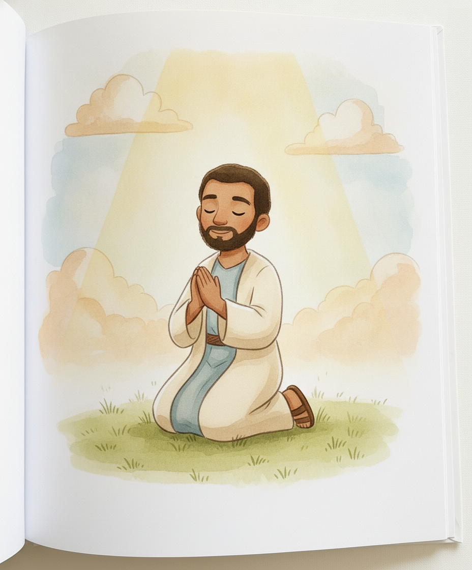 Josué reza tranquilo enquanto uma luz dourada brilha do céu, ouvindo o plano de Deus.