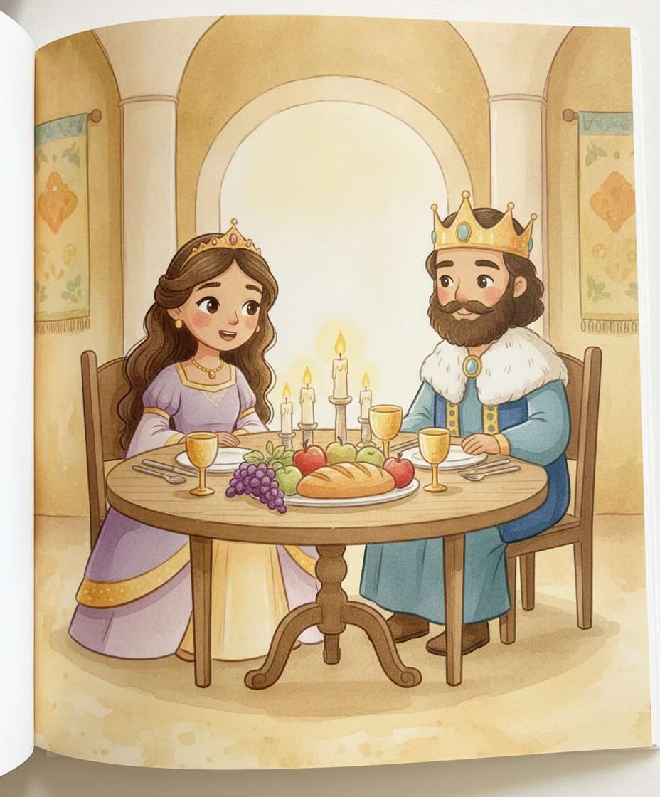 Ester e o rei conversando à mesa de um jantar especial à luz de velas.