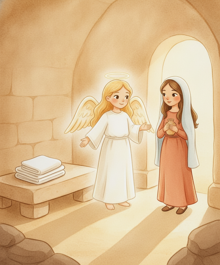 O anjo apontando para o lugar vazio e tranquilo com os panos brancos dobrados, enquanto Maria se enche de esperança.