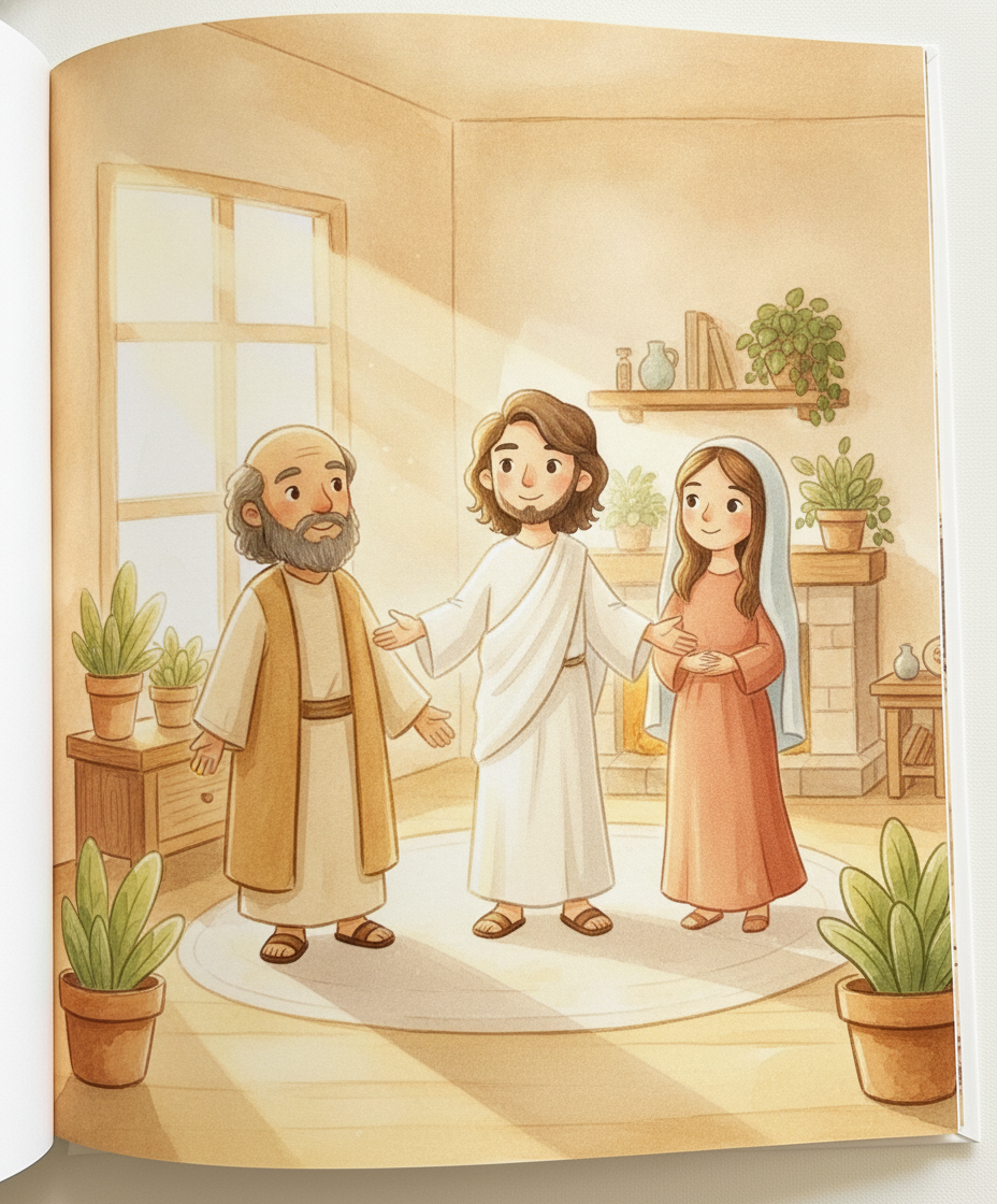 Jesus vivo e radiante, abençoando com os braços abertos seus amigos felizes em uma sala iluminada.