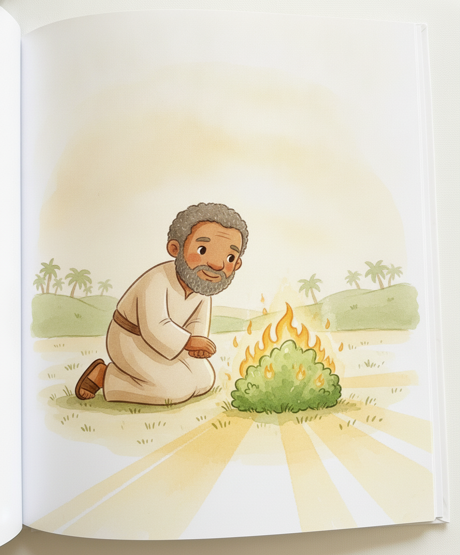 Moisés escuta junto ao arbusto enquanto a luz aponta para uma terra verde ao longe.