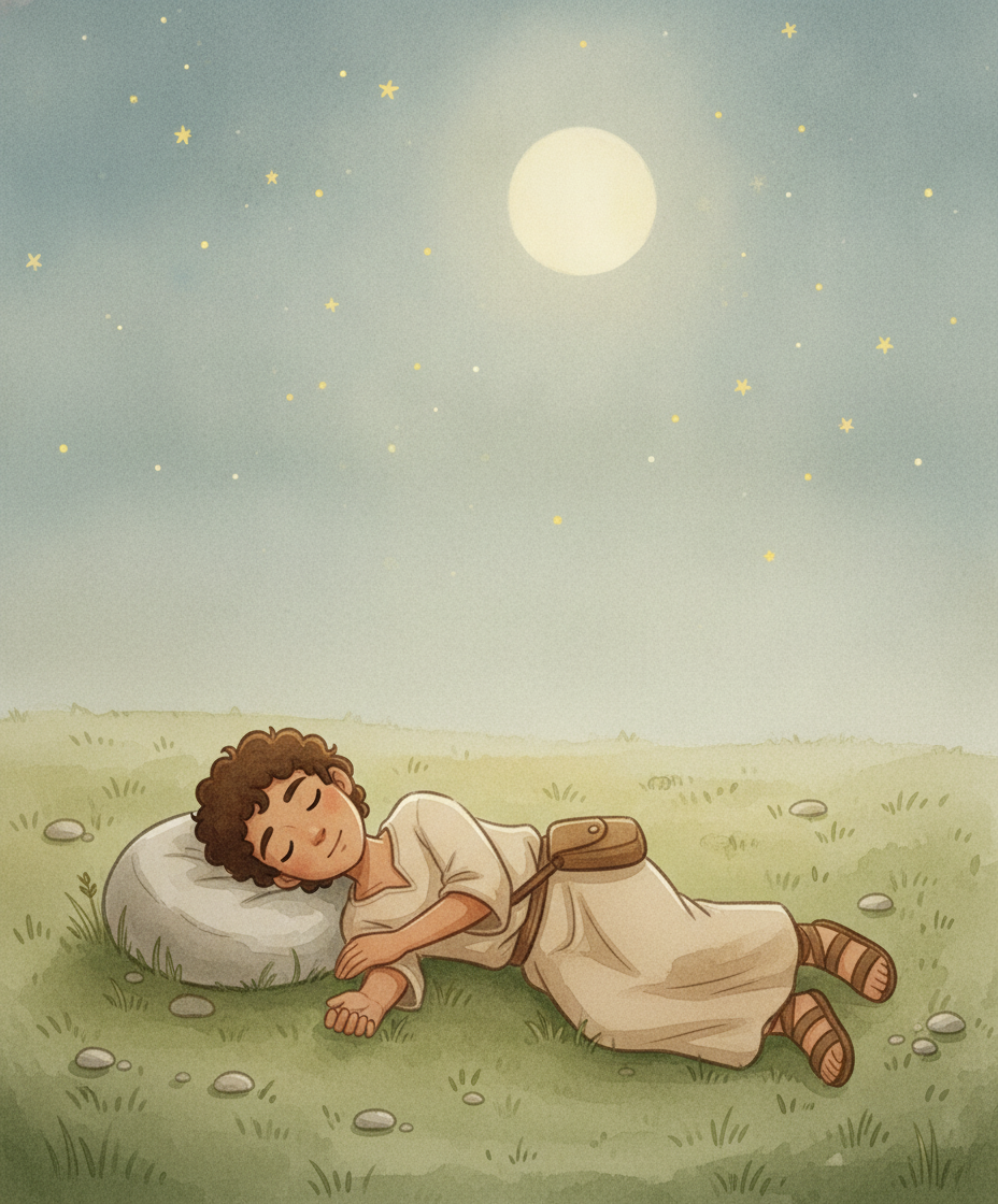 Jacó está deitado num campo tranquilo à noite, com a cabeça sobre uma pedra, sob um céu estrelado.