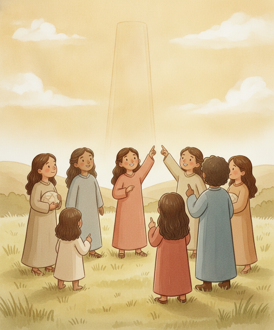Pessoas reunidas em roda apontam animadas para o céu sonhando com uma torre alta.