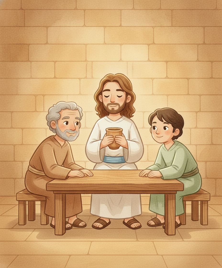 Jesus levanta um cálice de barro e o oferece aos amigos para compartilharem juntos à mesa.