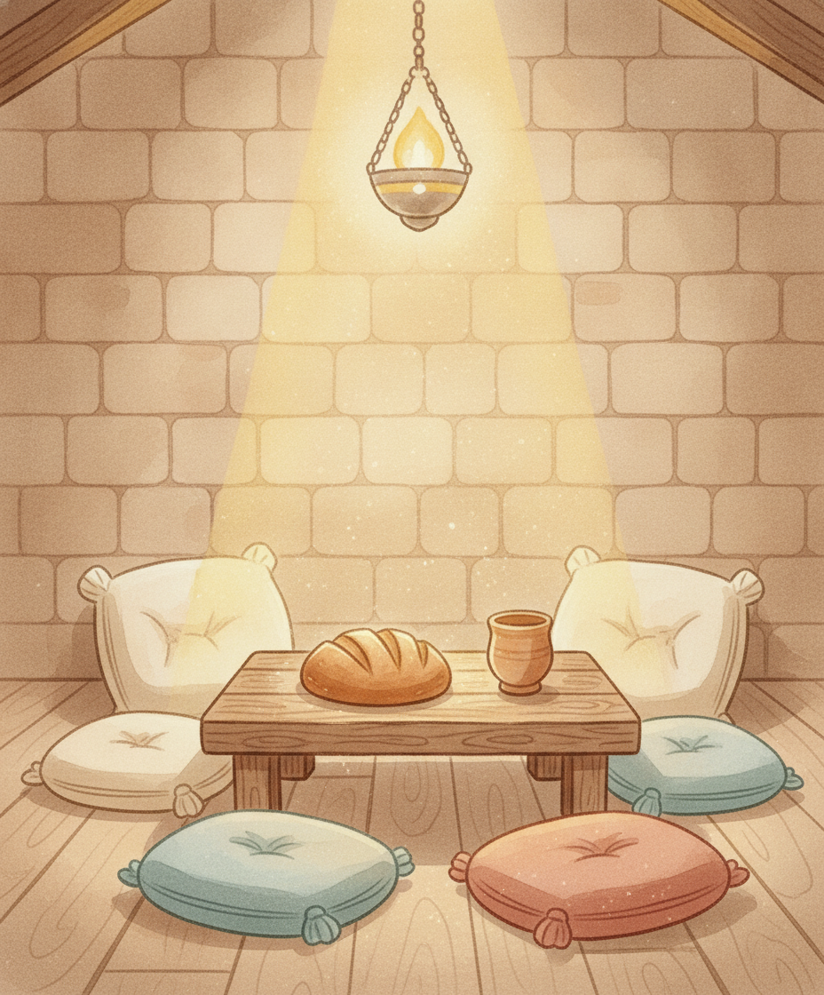 A mesa com pão e o cálice brilha sob uma luz dourada e acolhedora no quarto aconchegante à noite.