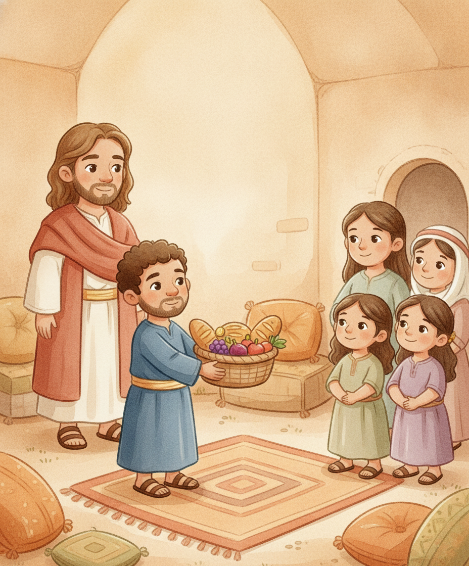 Dentro de casa, Zaqueu reparte uma cesta com vizinhos enquanto Jesus sorri.